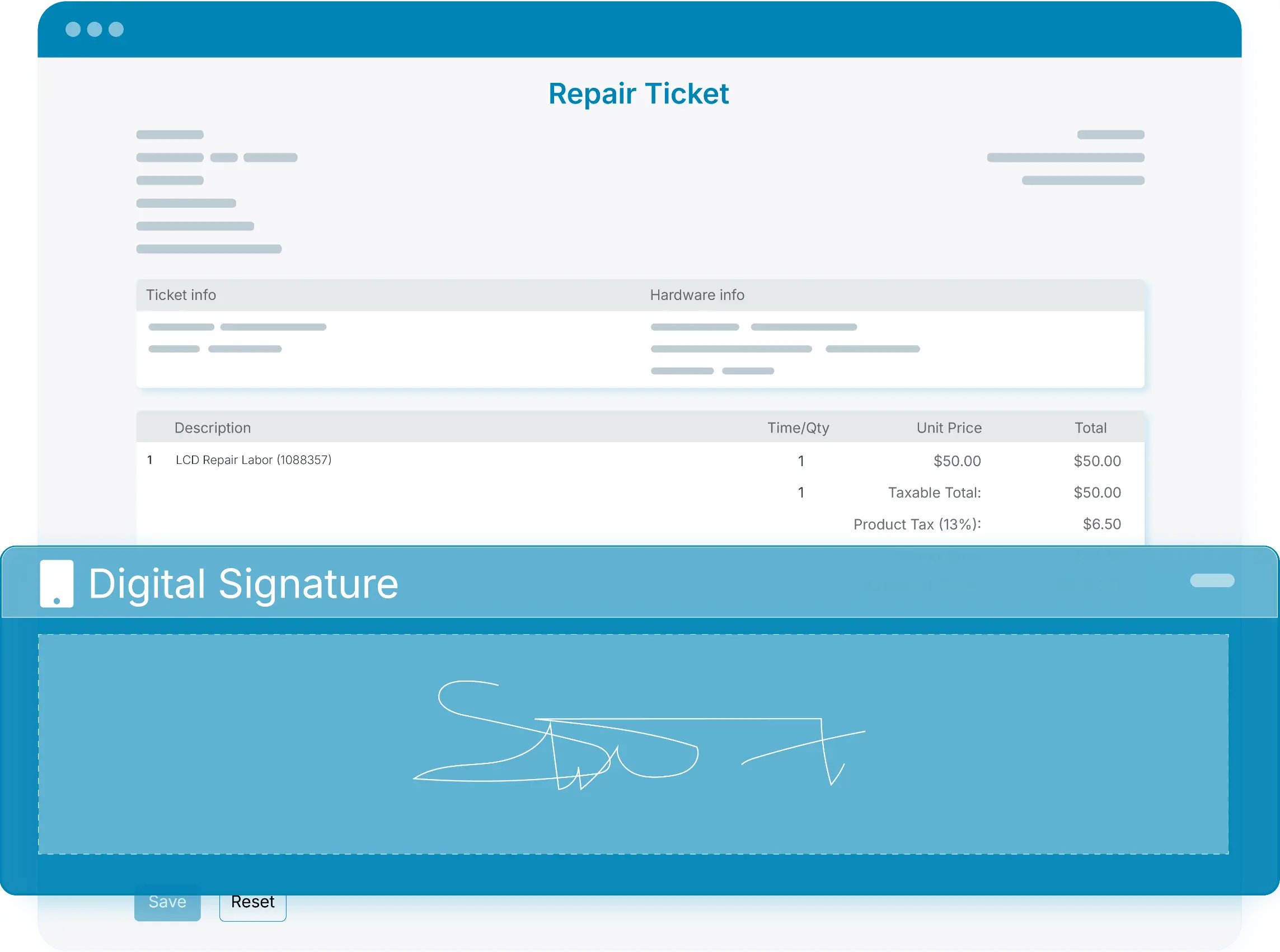 Capture customer signatures electronically for a paperless and efficient repair process.